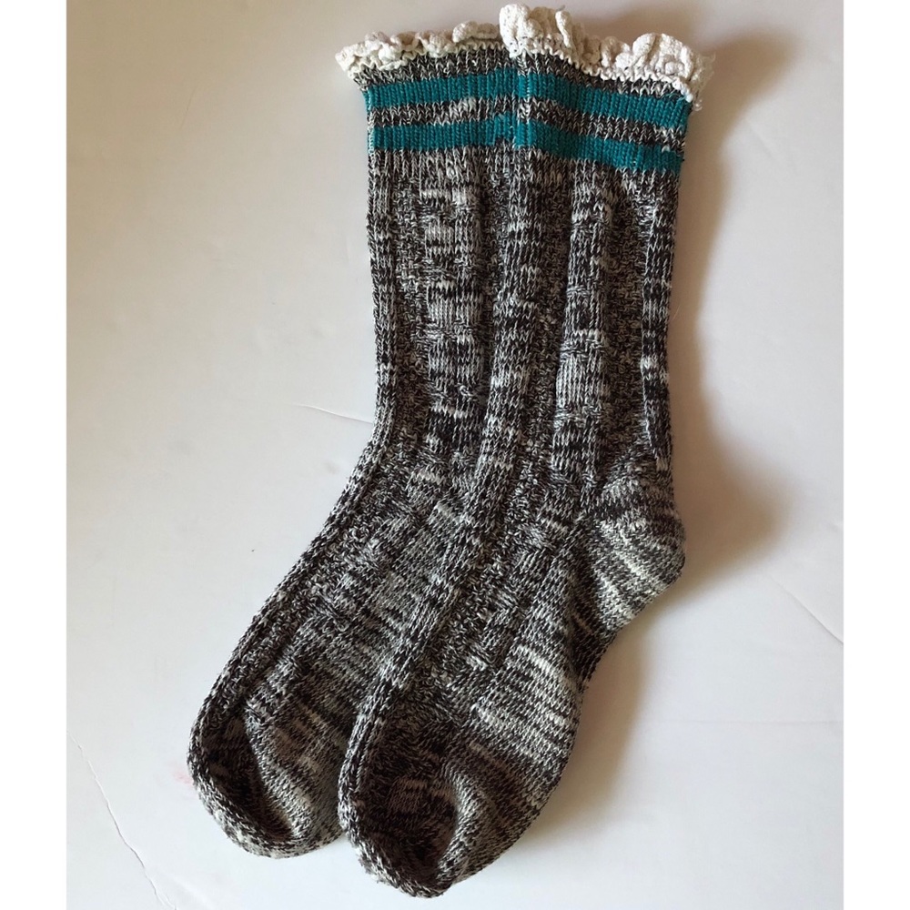 Free People Marled Gray Crew Socks with Teal Stripes and Cream Ruffle